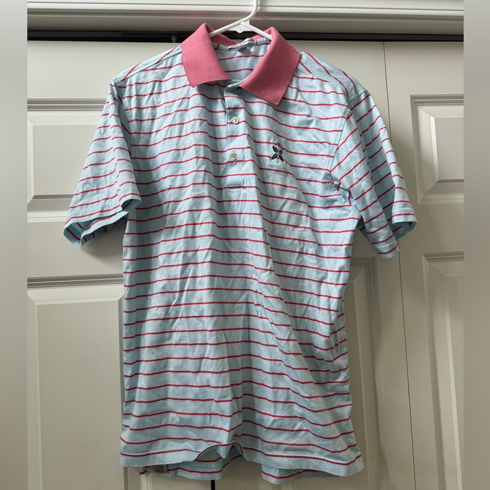 Peter Millar Golf Polo Light Blue Red Stripes Red Collar Medium.